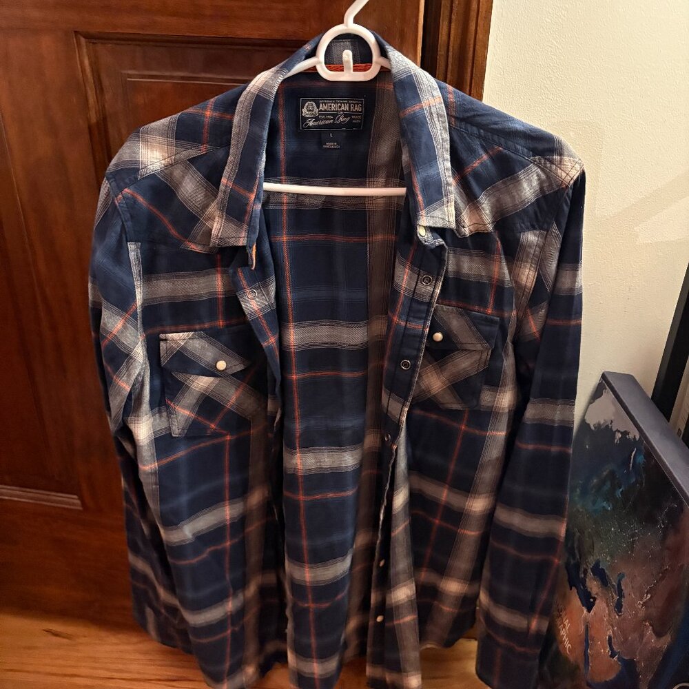 American Rag Navy Plaid Snap Button Shirt | Western Style Flannel
